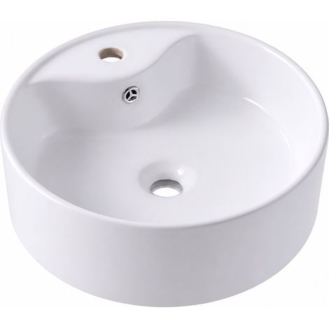 Relaxdays Countertop Washbasin, H x Dia.: 14.5 x 41 cm, Tap Hole, Overflow, Ceramic, Lotus Effect, Washbasin, White (1/5)