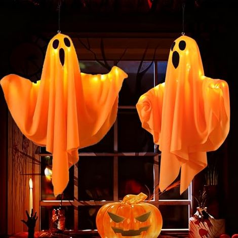 Decoraciones de Halloween para interior y exterior, 2 piezas de fantasmas colgantes con luces LED, cadena de luces de Halloween de 3 modos, decoración fantasmal espeluznante para patio, jardín, fiesta