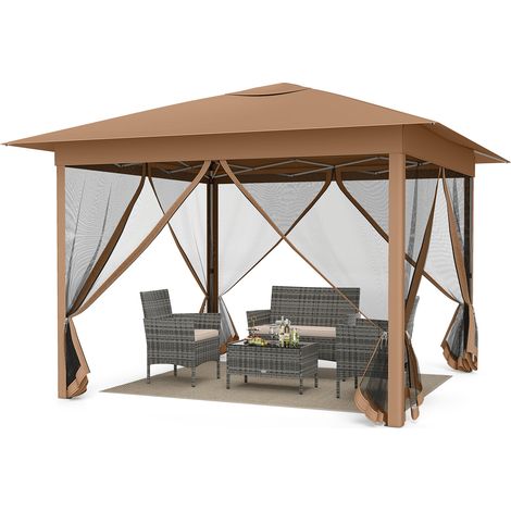 Tonnelle pliante marron 11,5 x 11,5 pieds avec montage rapide, moustiquaires et 3 hauteurs pour jardin, terrasse et camping