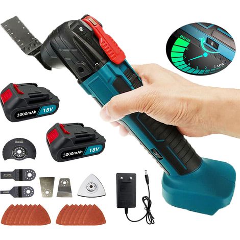 Akkubetriebenes oszillierendes Multitool, 4° Oszillationswinkel, 6 Geschwindigkeiten und Taschenlampe zum Schneiden / Schaben / Polieren – 2x.30 Akku kompatibel mit Makita-Akkus