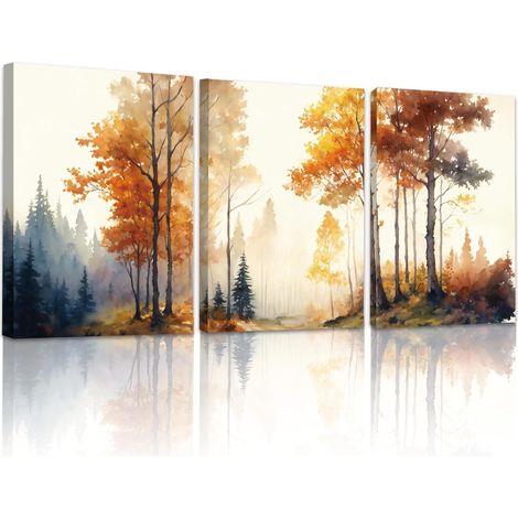 Aquarell Wald Nebel Leinwand Bilder Set 30cm x 40cm x 3 Blau Herbst Natur (1/5)