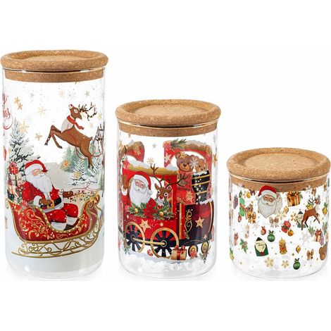 Bocaux alimentaires en verre à imprimé de Noël, avec boîte, lot de 3, grand : diam. 10 cm x H. 21 cm