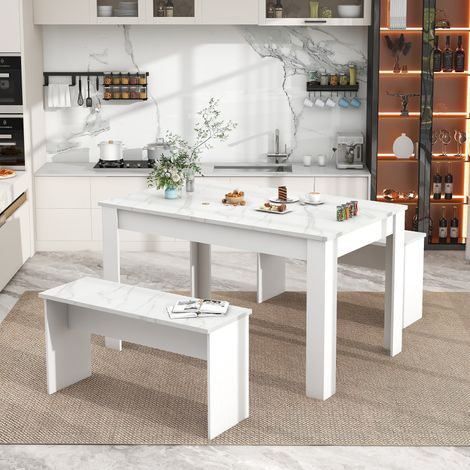 3 Pcs Dining Set, Dining Table with 2 benches Dining Table Set White (1/5)
