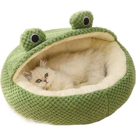 Lit pour chat grenouille, lit antidérapant pour animaux de compagnie, grotte pour lit pour chat avec demi-toit, insert de lit pour chat doux pour chats d'intérieur (1/5)