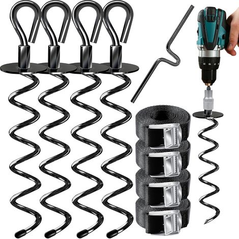 Piquets D Ancrage - Acier Revêtu Poudre - Pour Trampoline Jardin Balançoire Toboggan Camping - Lot De 4 Avec 4 Sangles Et Clé D Aide À La Rotation