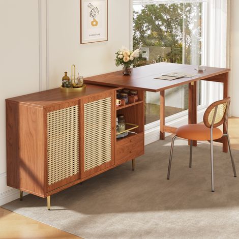 Mesa de bar extensible giratoria 360°, con almacenaje y puerta de ratán, marrón DESVIAE (1/5)