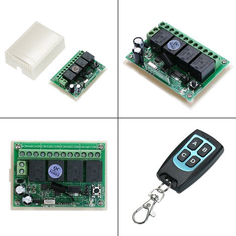 Interruptor inalámbrico de 4 canales (433 MHz) de largo alcance, con control remoto, conexión de 12 V CC, módulo de relé, receptor y 2 transmisores para automatización del hogar. (1/5)