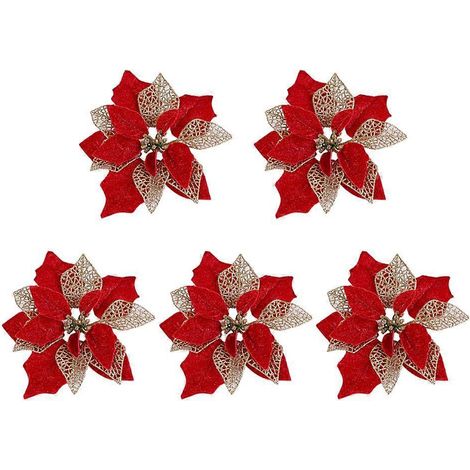 5-teiliges Set künstlicher Blumenkränze mit Glitzerstoff für Weihnachten, Christbaumschmuck (Rot)-22cm-Red (1/3)