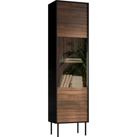 Estantería Flosoru 107, Nogal + Negro, Con puertas, Cerrable, Aglomerado laminado, Vidrio templado, MDF, Número de puertas: 0, Número de cajones: 0, 182x53x40cm (1/5)