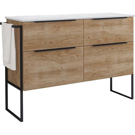Mueble Baño al Suelo con Lavabo Cerámico 2 cajones con Cierre Amortiguado y Organizador 120cm (2 Senos) Roble Natural (1/5)