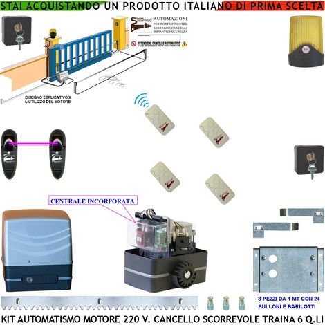 KIT AUTOMATISMO CANCELLO SCORREVOLE DA 8 MT MOTORE 220 V CON CENTRALE TRAINA 6 Q.LI 4 RADIOCOMANDI FARO ANTENNA 2 SELETTORI FOTOCELLULE (1/4)