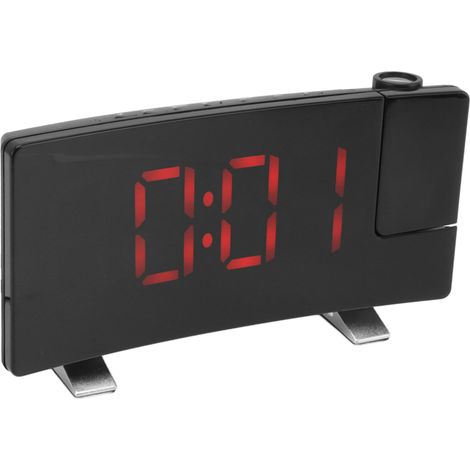 Funkwecker mit Projektionsfunktion und LED-Anzeige, elektronischer Wecker mit gebogenem Display, Digitalwecker, schwarzer Rahmen und rote Buchstaben (1/5)