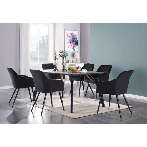 Cosmo LUX Camden Dining Set - a Walnut Wooden Dining Table and Set of 6 Black Velvet Dining Chairs - Dining Room Kitchen (1/5)