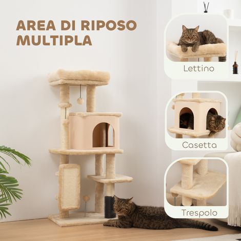104 cm hoher, mehrstufiger Katzenbaum mit Häuschen, Bett, Kratzbaum, Bürste und Ball. Beige (1/5)