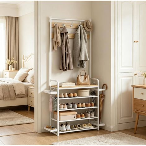 Freistehende Metallgarderobe mit Ablagen und Regalen in Weiß und heller Eichenoptik (1/4)