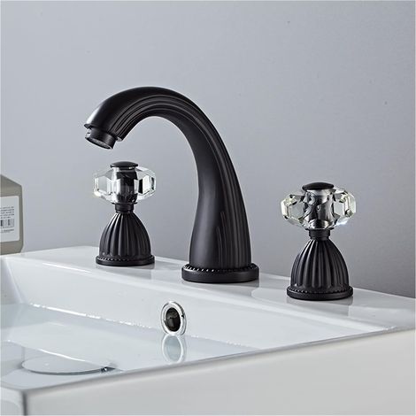 Robinet de Salle de Bains Gris du Canon de Robinet Robinet de lavabo 3 Trous d'or/Noir/Chrome mélangeur de Bassin Chaud et d'eau Froide Nouveau(Zwart) (1/5)