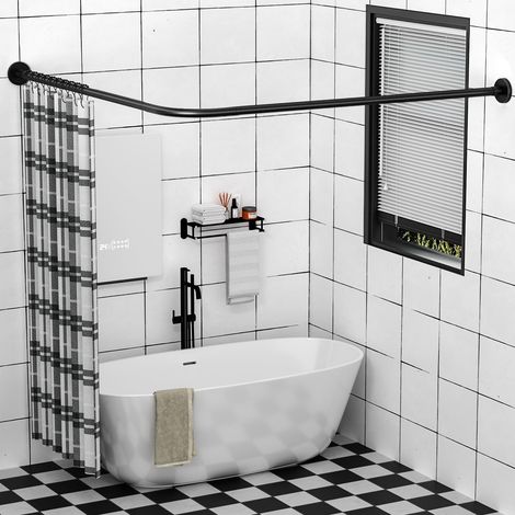 Tringle à rideau de douche extensible en acier inoxydable 304 en forme de L (noir, 60-133 cm x 180-215 cm), installation sans perçage, pour salle de bain, magasin de vêtements, espace privé (1/5)