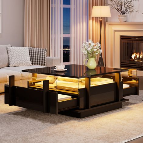 Tavolino quadrato 70x70x35 cm laccato con 2 cassetti, illuminazione LED USB e divisori in acrilico - nero (1/5)