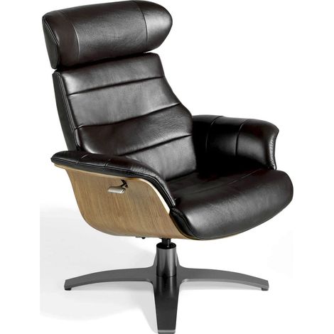 Fauteuil pivotant relax 360º rembourré en cuir cadre bois base acier inoxydable dossier pliant - Chocolat, noix, acier inoxydable (1/5)