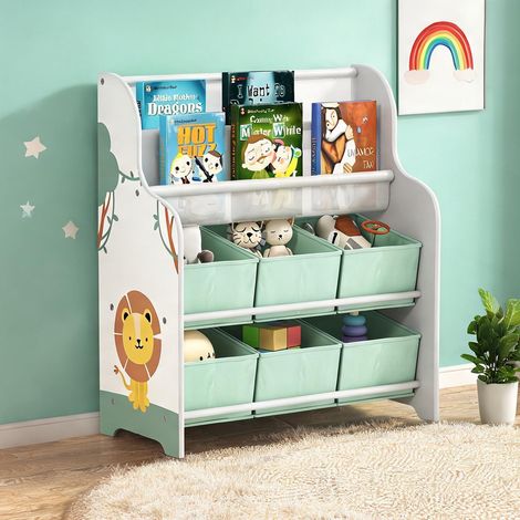 Meuble de rangement enfant 6 bacs tissu et 2 étagères verde (1/5)