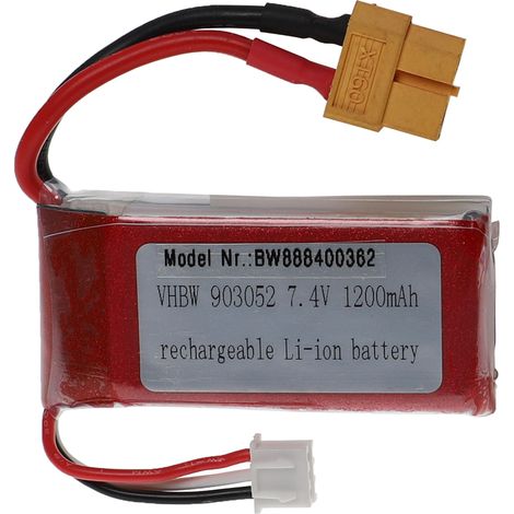 vhbw Batería compatible con XT60 clavija (m) para modelismo por ej. coche carreras, avión (1200mAh, 7,4V, Li-poli, 63 x 29 x 20mm)