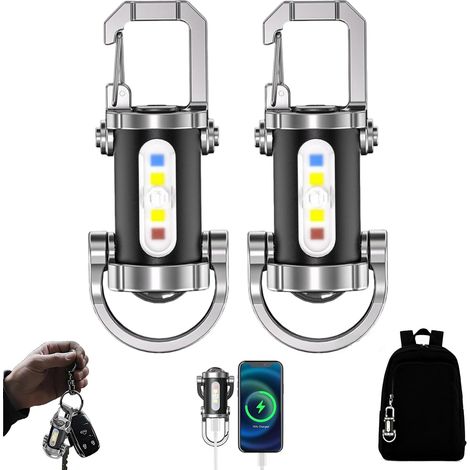 Lot de 2 lampes torches porte-clés rechargeables avec chargeur de téléphone, 1200 lm, 7 modes d'éclairage, résistantes à l'eau, idéales pour le camping, la randonnée et les activités de plein air.