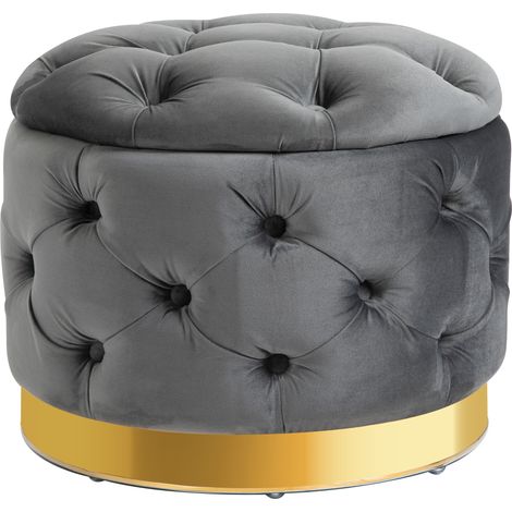 Taburete vintage, banco de almacenamiento, reposapiés, taburete tapizado, metal, espuma, gris carbón, 55 x 55 x 42 cm (1/5)