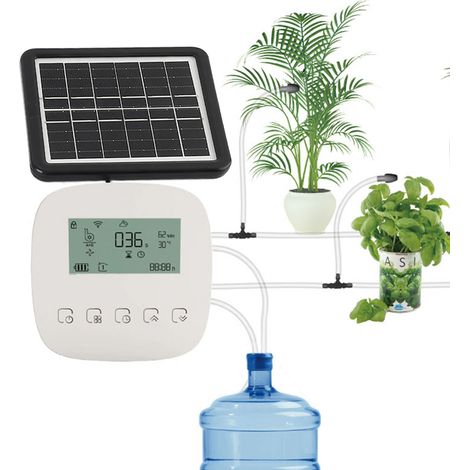 Sistema de riego automático inteligente con dos bombas – Control por Wi-Fi/voz/temporizador programable – Batería USB de 2600 mAh – El conjunto incluye panel solar de 2 W, manguera de 10 m, boquillas 