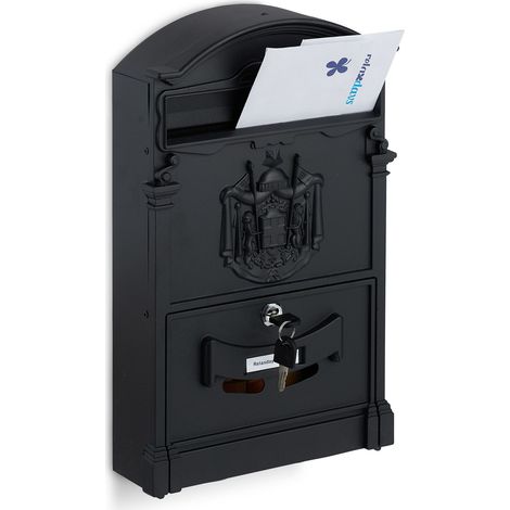 Relaxdays Antique Mailbox, Nostalgic Wall-Mounted Letterbox with Window, HBD: 41 x 25.5 x 9cm, Steel & Aluminium, Black