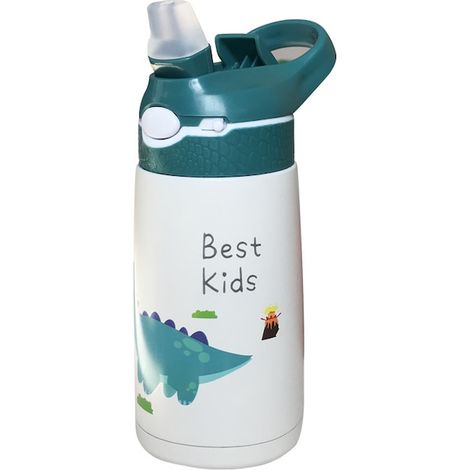 Borraccia termica per bambini in acciaio inox, 400 ml, a prova di errore, a tenuta stagna, con apertura rapida, design a cartoni animati, dinosauro verde (1/5)