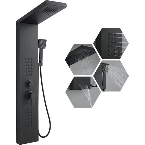 Panneau de douche avec robinet, panneau de douche 4 fonctions avec douche à effet pluie, buses de massage, douchette et bec de baignoire, colonne de douche en acier inoxydable, noir mat (1/5)