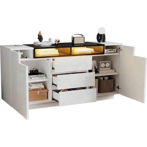 CHICFURN Credenza da soggiorno 140x40x68 cm bianca e nera in truciolato con LED e 3 cassetti (1/5)