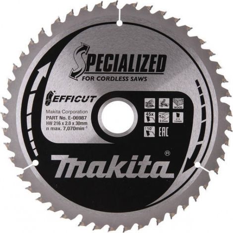 Makita – Lame de scie circulaire 216 mm E06987 – Alésage 30 mm – 45 dents TCT pour bois dur – Coupe nette et rapide – Série Efficut (1/5)