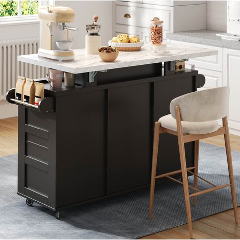 Isola cucina 138/60/93 cm nera con piano ribaltabile, LED e ampio spazio contenitivo (1/5)