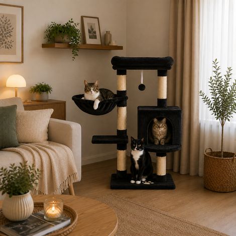 belviona Katzenkratzbaum 93 cm, mit Höhle, Liegemulde, Liegebett & Sisalstämmen, platzsparend, schwarz (1/4)