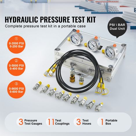 Kit de Test de Pressio1 Hydraulique, 250/400/600 bars, 3 Manomètres, 11 Raccords, 3 Tuyaux de Test, Jauge de Test Hydraulique pour… (1/5)