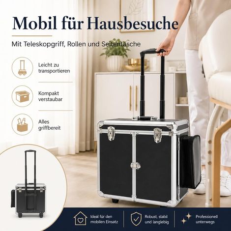 Fußpflege Koffer 46x29x42cm Werkzeugkasten Mobiler Fußpflegekoffer Nageldesign Koffer für Fußbadgeschäfte, Massagesalons, Schönheitssalons (Schwarz+Silber) (1/5)