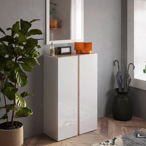 Armoire à chaussures d'entrée 2 portes 70x35x111cm blanc brillant bois Indy