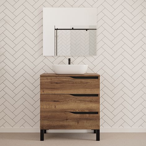 Meuble de salle de bain 80cm avec plateau et vasque à poser zeus - 3 tiroirs - tabaco (chêne foncé) - MATA (1/5)