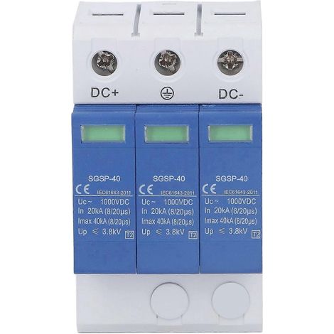 Dispositif de protection contre les surtensions (SPD) pour circuit photovoltaïque, disjoncteur 1000 V CC, 40 kA, bleu et blanc, tripolaire.