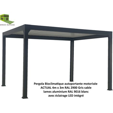 Green Outside – Pergola bioclimatique aluminium 4x3m motorisée – Éclairage LED intégré – Structure autoportante coloris gris sable (RAL2900) – Qualité pro