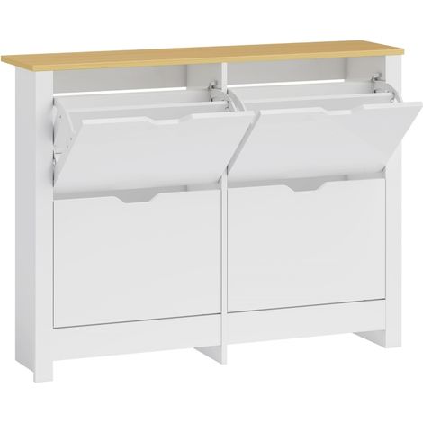 Schmaler Schuhschrank mit 4 Klappen, 105 x 26 x 80 cm, Weiß/Natur, MODENUIT (1/4)