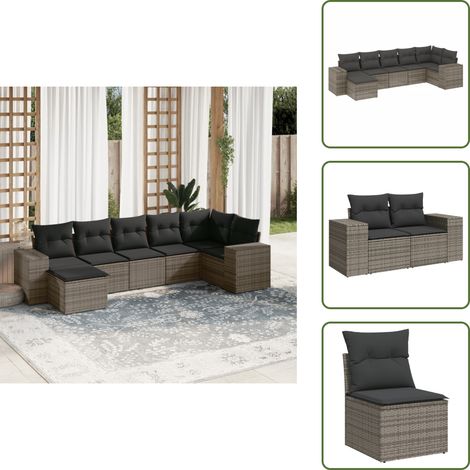 7-tlg. Garten-Sofagarnitur mit Kissen Grau Poly Rattan - Gartensorganisation - Outdoor Möbel - Gartenlounge - Lounge Set - Rattan Gartenmöbel (1/5)