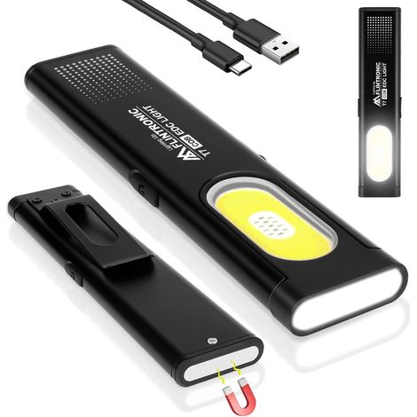 Mini-Taschenlampe, flach, USB-C-aufladbar, 450 Lumen COB-Arbeitsleuchte mit Magnetfuß und Schlaufenclip. Geeignet für Wartungsarbeiten, Camping, Wandern und Notfälle.