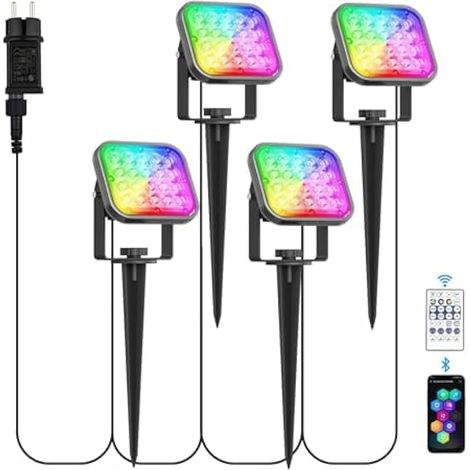 Projecteur LED RGB, 16 Millions de Couleurs et 12 Modes Spot LED Extérieur Couleur, 12V Eclairage Multicolore APP et Télécommande Contrôlable, IP65 Étanche pour Jardin, Garage, Chemin, 4 en 1 (1/5)