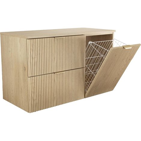 Set di mobili da bagno: 2 cassetti 60 cm + cesto portabiancheria 40 cm, piano d'appoggio da 100 cm, f. scanalato, rovere cremona, 100 × 47 × 60 cm (1/5)