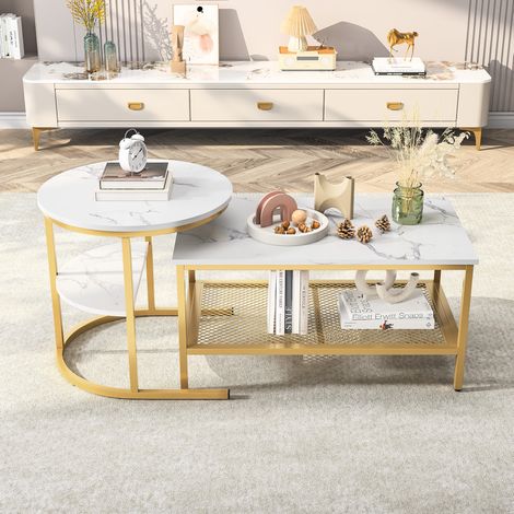 Stapelbares Couchtisch-Set in Gold mit Tischplatte in Marmoroptik, 2-teilig (1/5)