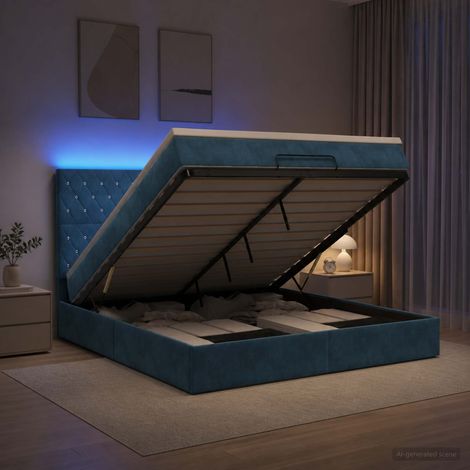 vidaXL Lit coffre avec matelas et LED Bleu foncé 160 x 200 cm Velours (1/5)