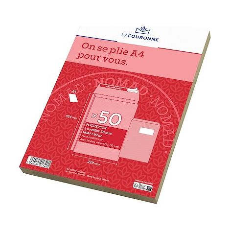 Pochette à soufflet 3 cm kraft 229 x 324 mm La Couronne 90 g avec fenêtre 50 x 110 mm - Boîte de 50