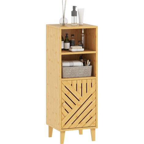 Badezimmerschrank, Aufbewahrungseinheit mit 1 Schrankfach und 2 offenen Fächern, 32 x 30 x 90 cm, Holzoptik.